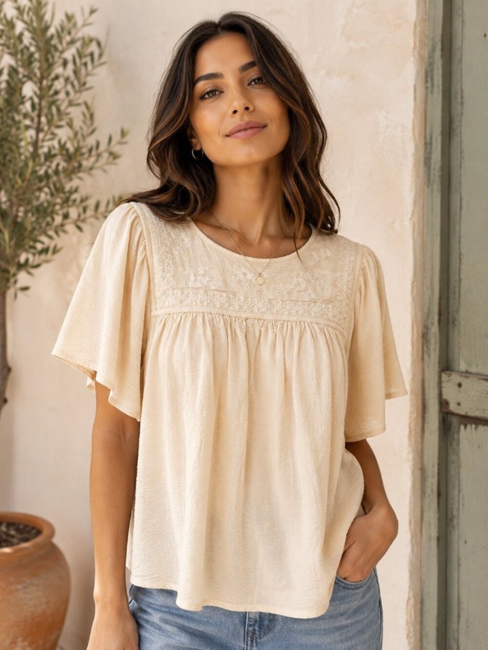 Lucky Brand Embroidered Peasant Top Medium Cream Boho Flutter Sleeve Blouse